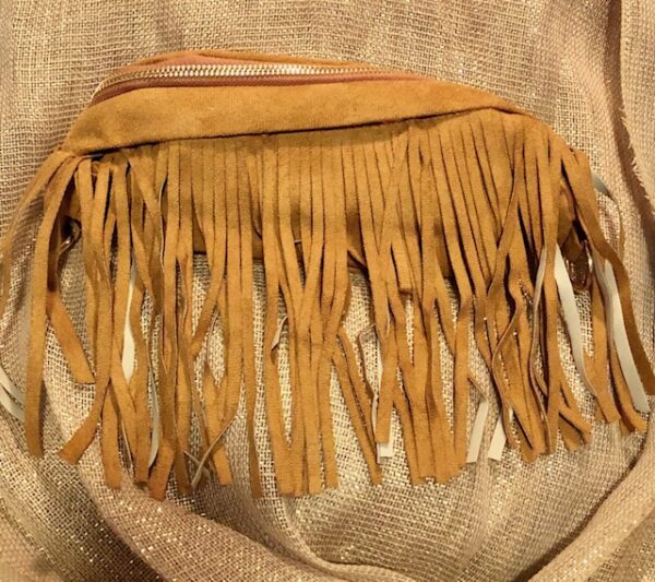 A close up of the fringed edge on a purse