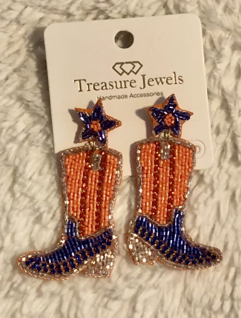 A pair of earrings that are made out of beads.