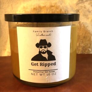 A jar with a Get Ripped 3 Wick Candle.