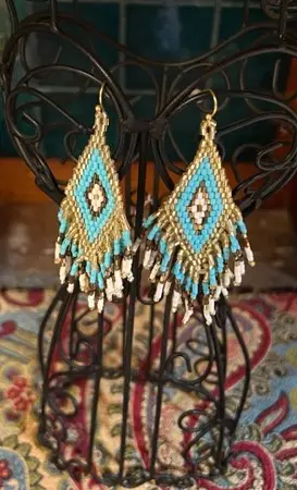 A pair of earrings sitting on top of a stand.