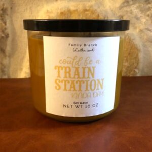 A Train Station Kind Of Day 3 Wick Candle with the words could be a train station on it.