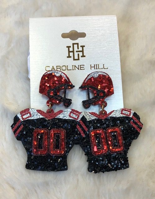 A pair of GEAR UP JERSEY EARRINGS BLACK AND RED with sequins on them.
