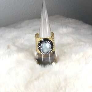 A Jasper cuff ring with a blue stone sitting on top of a cone.