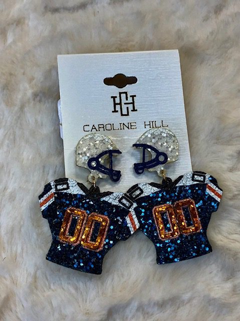 A pair of GEAR UP JERSEY EARRINGS ORANGE AND BLUE with a football uniform on them.