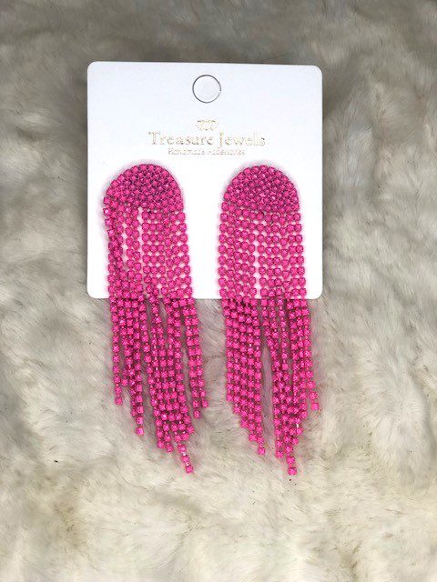 A pair of NEON PINK EARRINGS on a white background.