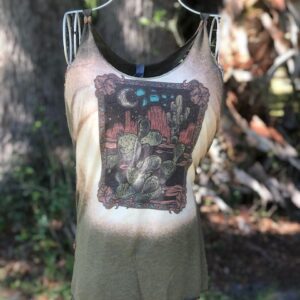 A TOOLED LEATHER CACTUS SCENE RAZERBACK TANK with an image of a cactus on it.