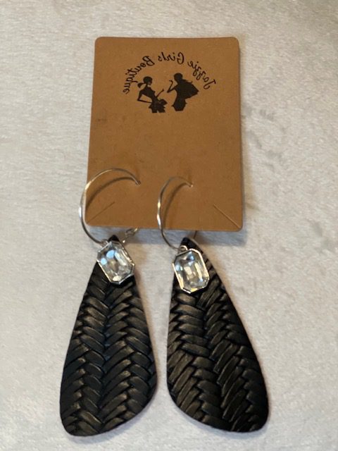 A pair of BLACK WITH STONE JAZZIE EARRINGS with silver accents.